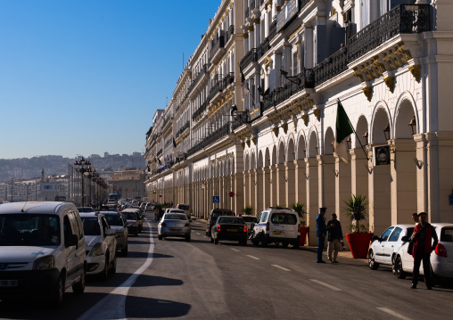 Old french colonial buildings on seaside boulevard, North Africa, Algiers, Algeria