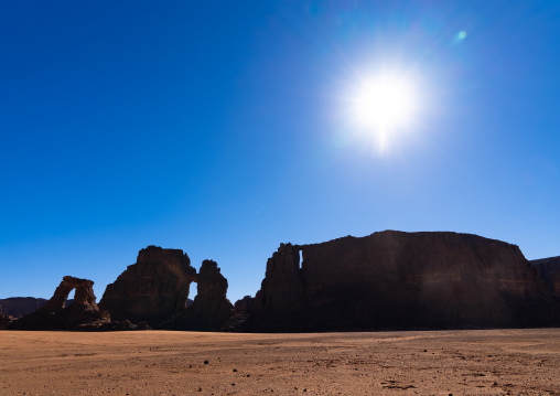 Rocks and sand dunes in Sahara desert, Tassili N'Ajjer National Park, Tadrart Rouge, Algeria