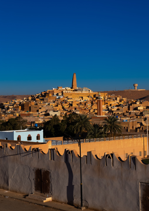 View of the old town with a minaret at the top, North Africa, Ghardaia, Algeria