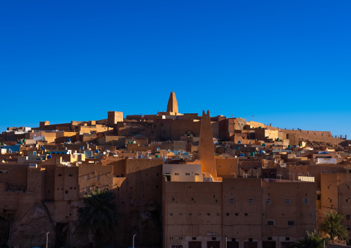 View of the old town with a minaret at the top, North Africa, Ghardaia, Algeria