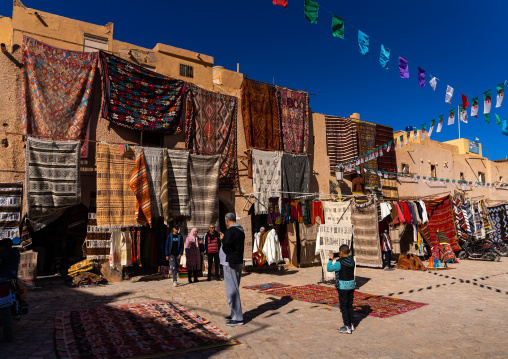 Carpet sellers at market square, North Africa, Ghardaia, Algeria