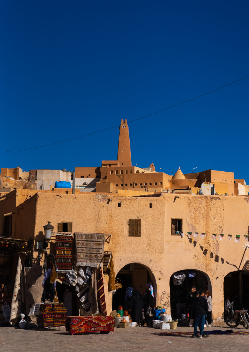 View of the old town with a minaret at the top, North Africa, Ghardaia, Algeria