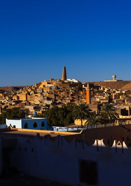 View of the old town with a minaret at the top, North Africa, Ghardaia, Algeria