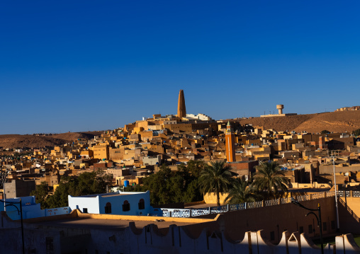 View of the old town with a minaret at the top, North Africa, Ghardaia, Algeria