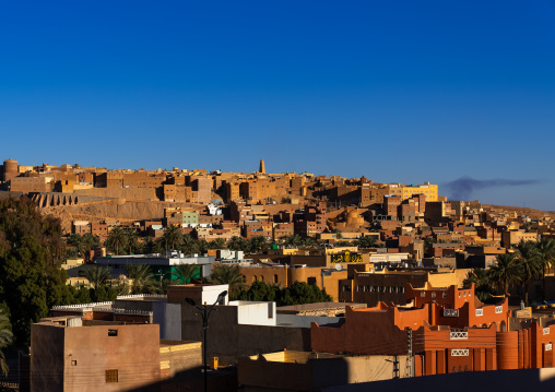 View of the old town with a minaret at the top, North Africa, Ghardaia, Algeria