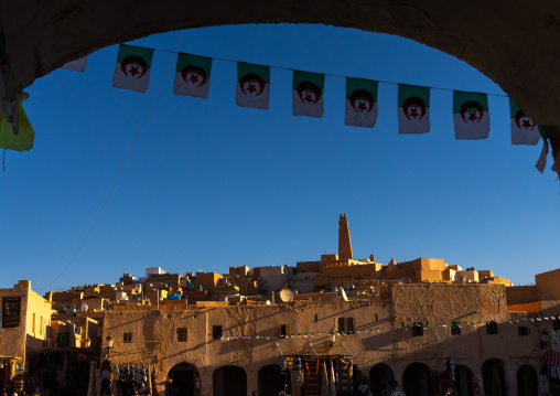 View of the old town with a minaret at the top, North Africa, Ghardaia, Algeria