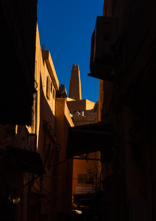 View of the old town with a minaret at the top, North Africa, Ghardaia, Algeria