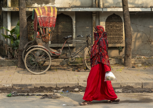 Bangladeshi woman passing in front of a rickshaw, Dhaka Division, Dhaka, Bangladesh