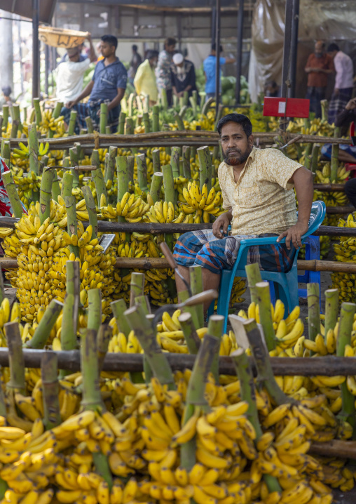 Bangladeshi man selling bananas at Kawran Bazar, Dhaka Division, Dhaka, Bangladesh