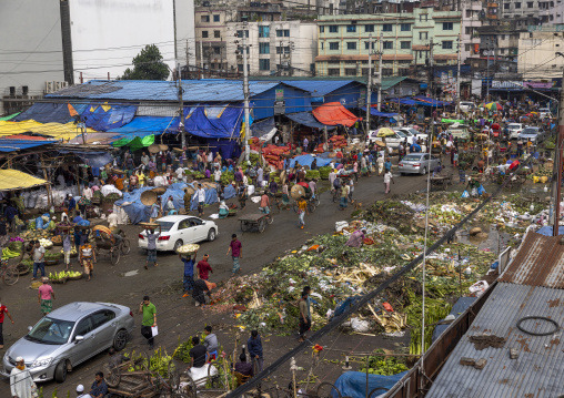 High angle view of Kawran Bazar vegetables and fruits market, Dhaka Division, Dhaka, Bangladesh