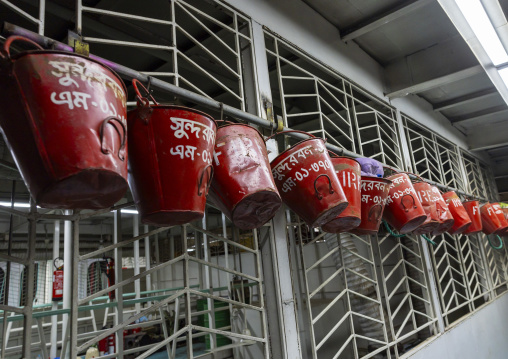 Buckets for fire in a ferry, Dhaka Division, Dhaka, Bangladesh