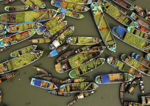 Aerial view of the weekly floating market, Barisal Division, Harta, Bangladesh