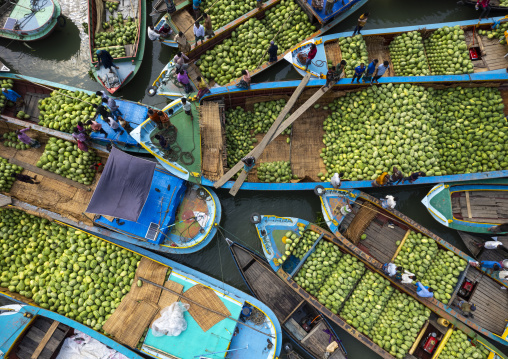 Aerial view of the weekly floating market, Barisal Division, Harta, Bangladesh