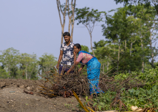 Bangladeshi couple collecting wood in Sundarbans, Barisal Division, Banaripara, Bangladesh