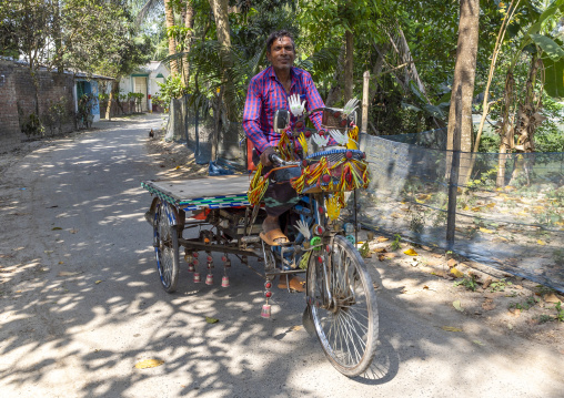 Bangladeshi man riding a decorated rickshaw, Rajshahi Division, Manda, Bangladesh