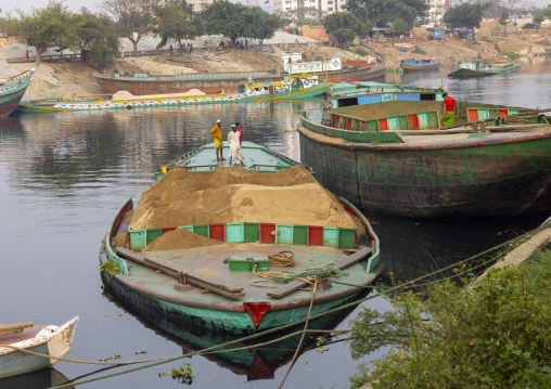 Sand loaded on boats in Amin bazar, Dhaka Division, Sabhar, Bangladesh