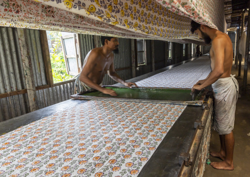 Bangladeshi workers making manual screen printing, Dhaka Division, Rupganj, Bangladesh