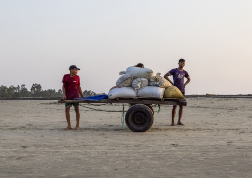 Bangladeshi men with a cart full of fish bags, Chittagong Division, Cox's Bazar Sadar, Bangladesh