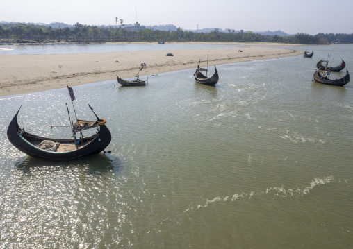 Aerial view of traditional Bangladeshi moon fishing boats, Chittagong Division, Ukhia, Bangladesh