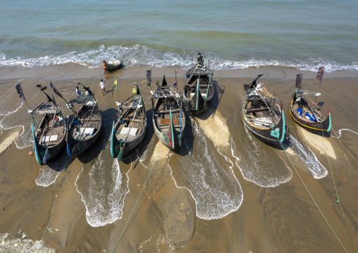 Aerial view of traditional Bangladeshi moon fishing boats, Chittagong Division, Cox's Bazar Sadar, Bangladesh