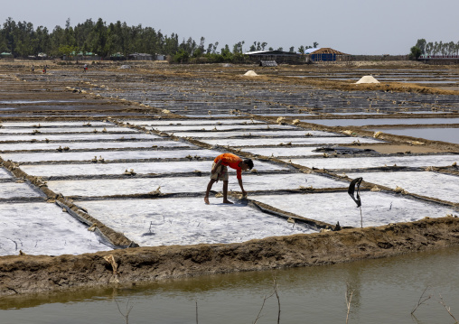 Bangladeshi man working in a salt field, Chittagong Division, Maheshkhali, Bangladesh