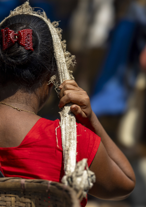 Chakma tribe woman carrying a basket with a strap on her head, Chittagong Division, Rangamati Sadar, Bangladesh