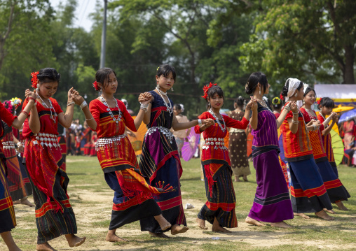 Chakma women in traditional clothing celebrating Biju festival, Chittagong Division, Kawkhali, Bangladesh