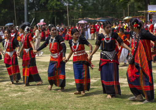 Chakma women in traditional clothing celebrating Biju festival, Chittagong Division, Kawkhali, Bangladesh