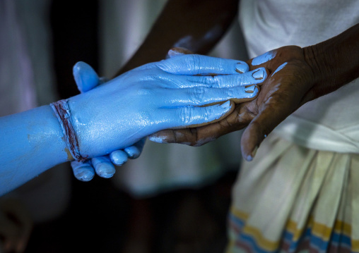 Make up of a hindu devotee who becomes Lord Shiva at Lal Kach festival, Dhaka Division, Tongibari, Bangladesh