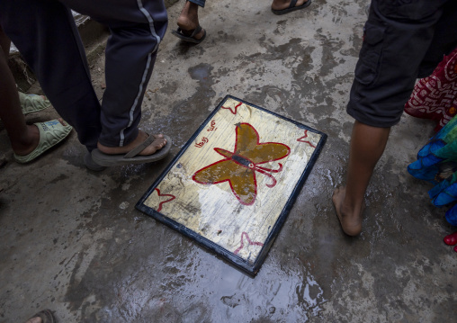 Carpet used to pray at the entrance of a hindu temple, Dhaka Division, Munshiganj Sadar, Bangladesh