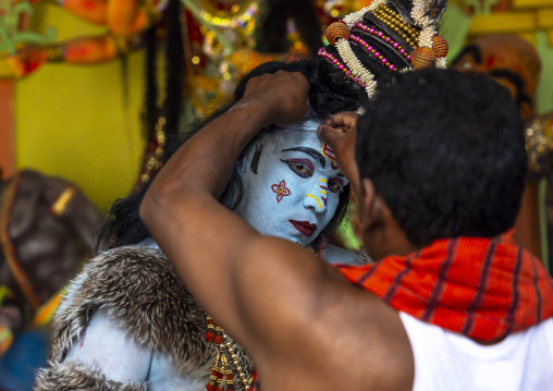 Make up of a hindu devotee who becomes Lord Shiva at Lal Kach festival, Dhaka Division, Munshiganj Sadar, Bangladesh