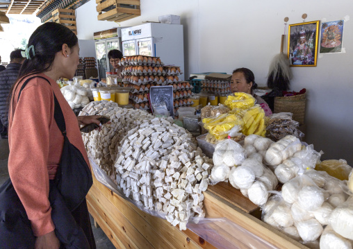 Dry cheese for sale in Kaja Throm Centenary farmers market, Chang Gewog, Thimphu, Bhutan