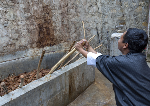 Bhutanese man making paper using traditional methods, Chang Gewog, Thimphu, Bhutan