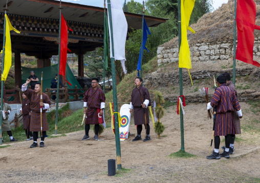 Bhutanese archers on an archery range, Chang Gewog, Thimphu, Bhutan