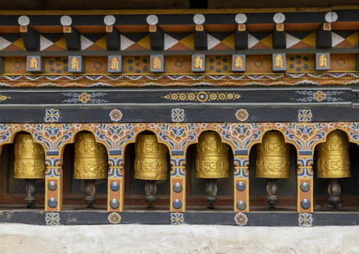 Tashigang Gonpa prayer wheels, Punakha dzongkhag, Punakha, Bhutan