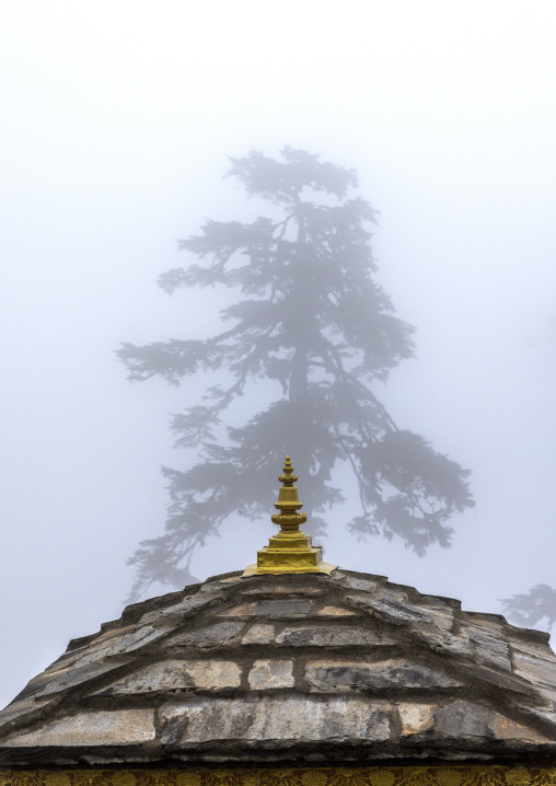 Dochula with 108 stupas or chortens in the fog, Punakha, Dochula Pass, Bhutan