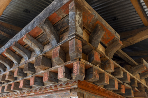 Drakarpo monastery wooden beams, Paro, Drakarpo, Bhutan