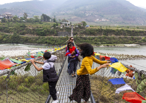 Punakha Suspension Bridge with prayer flags, Punakha dzongkhag, Punakha, Bhutan