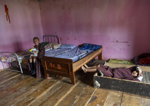 Bhutanese novices monks in Nyenzer Lhakhang dormitory, Thedtsho Gewog, Wangdue Phodrang, Bhutan