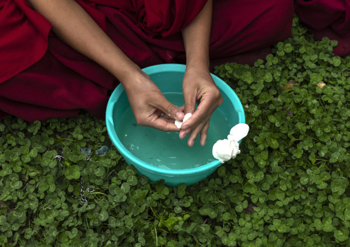 Bhutanese monk preparing yak butter offerings in Nyenzer Lhakhang, Thedtsho Gewog, Wangdue Phodrang, Bhutan