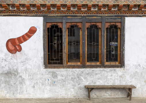 House with a phallus painted on the wall, Wangdue Phodrang, Phobjikha Valley, Bhutan