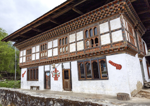 House with a phallus painted on the wall, Wangdue Phodrang, Phobjikha Valley, Bhutan