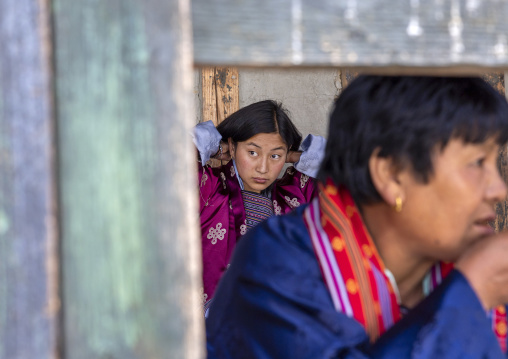 Bhutanese women in Ura Lhakhang monastery, Bumthang, Ura, Bhutan