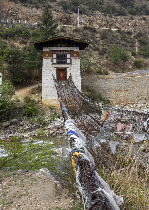 Tachog Lhakhang monastery with prayer flags, Wangchang Gewog, Paro, Bhutan