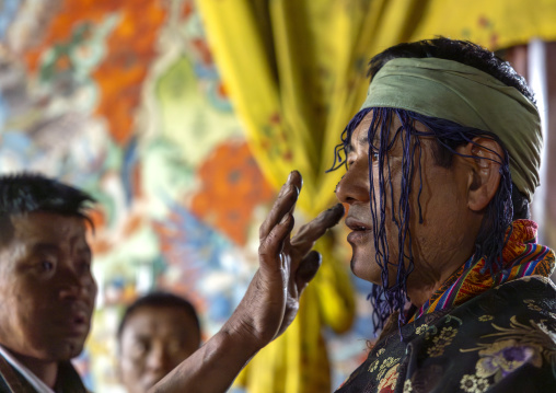 Preparation of the dance of the hats in Ura Yakchoe festival, Bumthang, Ura, Bhutan