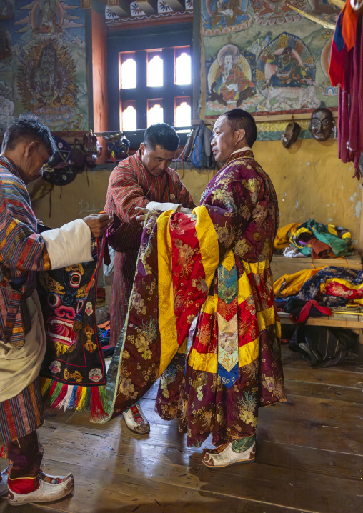 Preparation of the dance of the hats in Ura Yakchoe festival, Bumthang, Ura, Bhutan