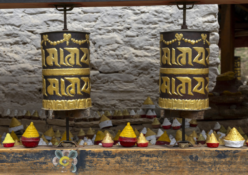 Prayer wheels and tsa tsas, Wangchang Gewog, Paro, Bhutan