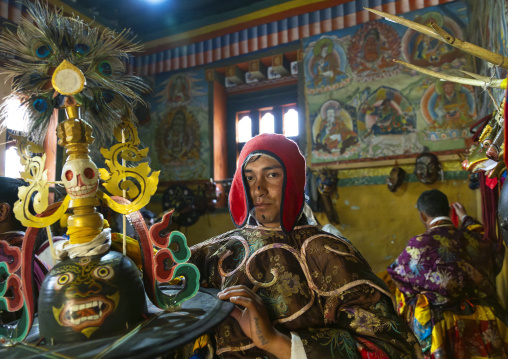 Preparation of the dance of the hats in Ura Yakchoe festival, Bumthang, Ura, Bhutan