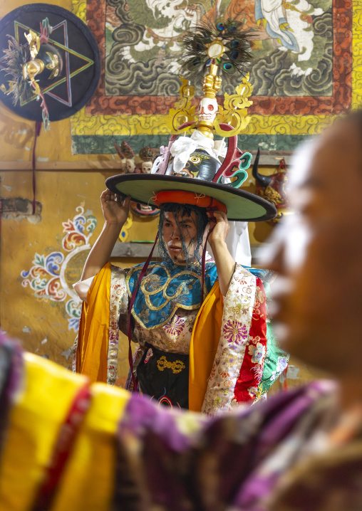 Preparation of the dance of the hats in Ura Yakchoe festival, Bumthang, Ura, Bhutan