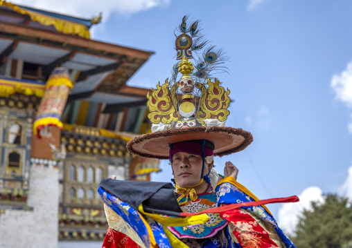 Dance of the hats during Ura Yakchoe festival, Bumthang, Ura, Bhutan